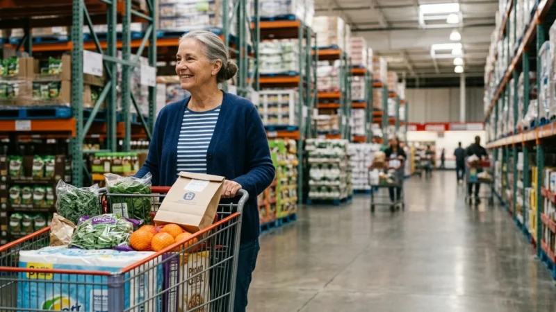 Smiling older woman pushing a shopping cart filled with groceries down a spacious warehouse store aisle.