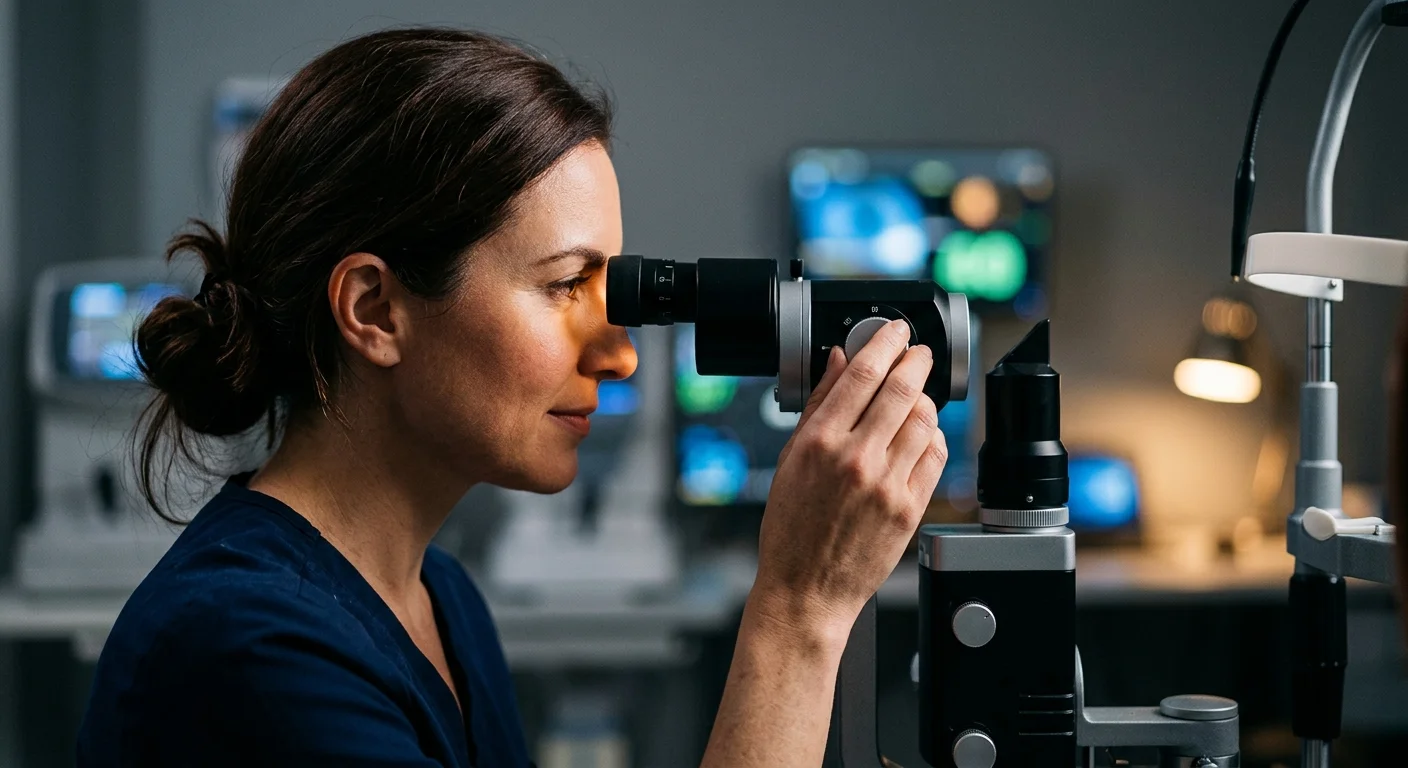 An ophthalmologist gently adjusts a slit lamp microscope in a dimly lit clinical exam room, focusing on patient care.