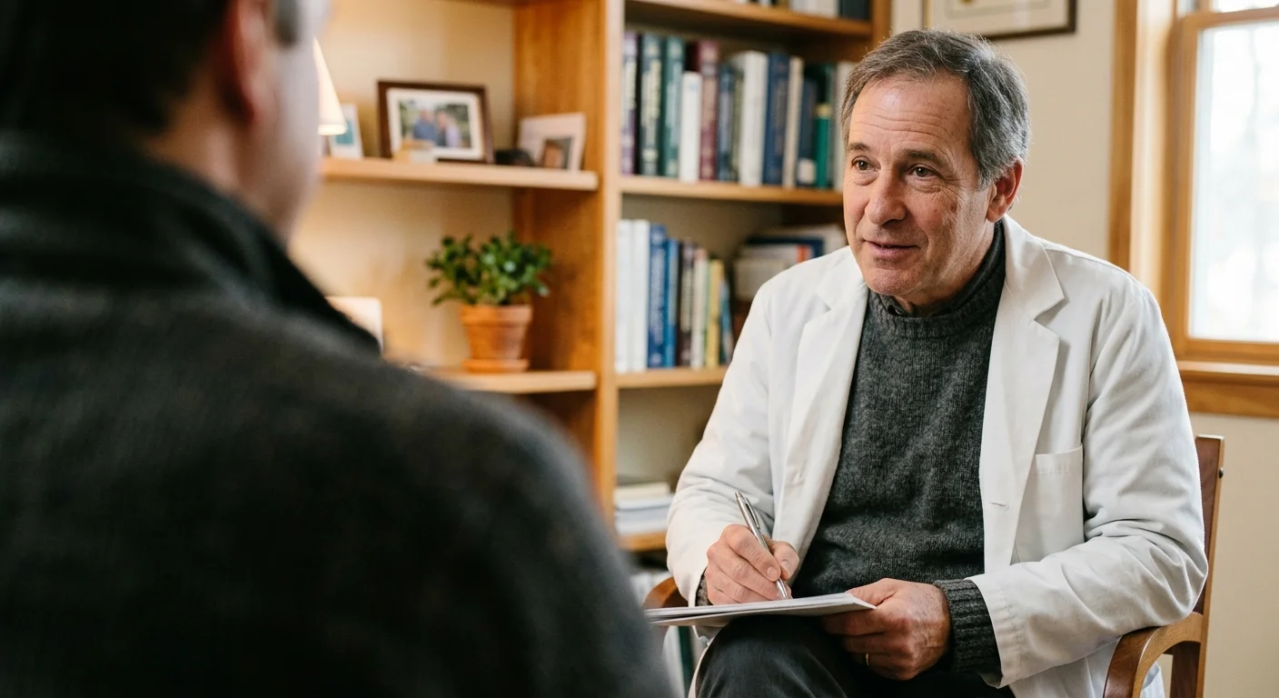 An over-the-shoulder documentary photograph of a doctor listening intently and empathetically to a patient in a warm office.