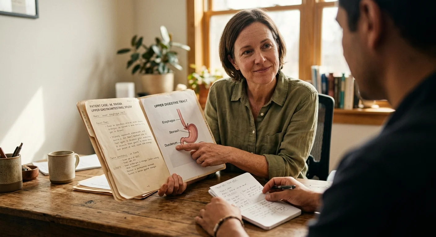 An over-the-shoulder photo of a doctor pointing to a digestive system diagram during a consultation with a patient.