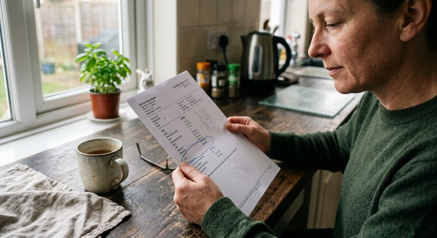 An over-the-shoulder photo of a person reviewing a laboratory printout at a sunlit kitchen table, with 'ALT 35' circled on the paper.