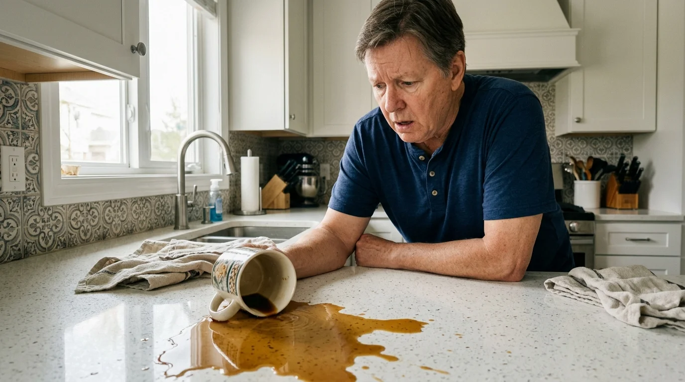 Concerned man in a kitchen leaning over a countertop beside a fallen mug with spilled coffee.