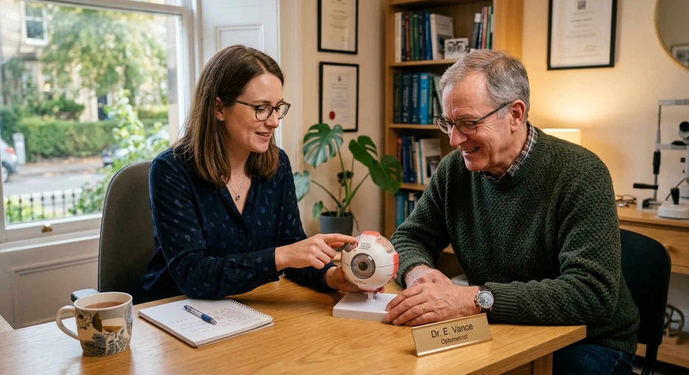 Candid photo of an optometrist and patient sitting at a wooden desk, discussing eye health with a physical eye model.