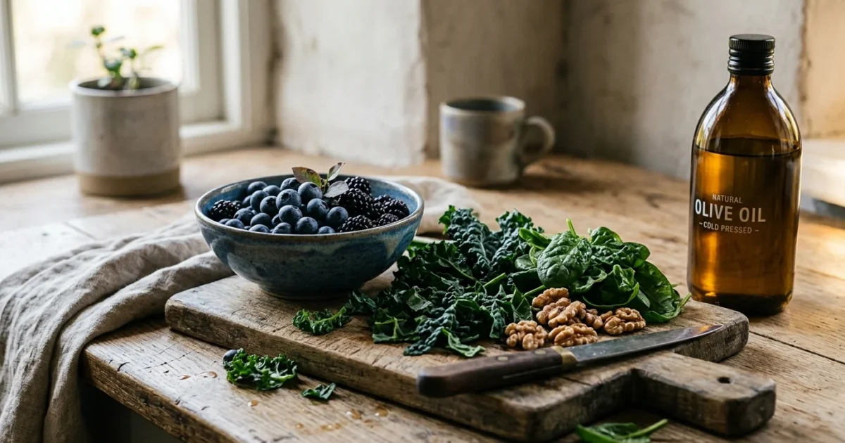 Blueberries, kale, spinach, and walnuts on a wooden cutting board beside a bottle of olive oil on a rustic table.