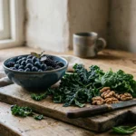 Blueberries, kale, spinach, and walnuts on a wooden cutting board beside a bottle of olive oil on a rustic table.