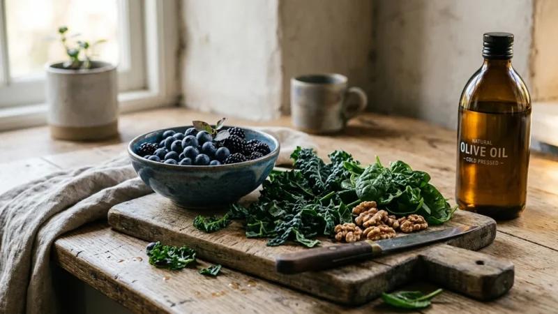Blueberries, kale, spinach, and walnuts on a wooden cutting board beside a bottle of olive oil on a rustic table.