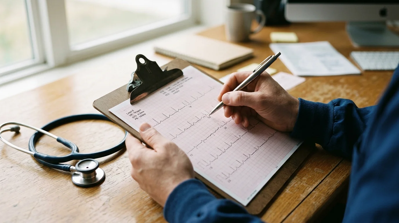 Close-up of a doctor's hands reviewing an ECG paper printout on a wooden clipboard next to a stethoscope.