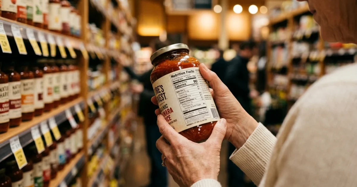 Close-up of a person holding a food jar in a grocery store aisle, reading the nutrition label on the back.