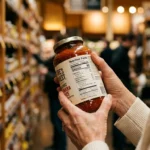 Close-up of a person holding a food jar in a grocery store aisle, reading the nutrition label on the back.