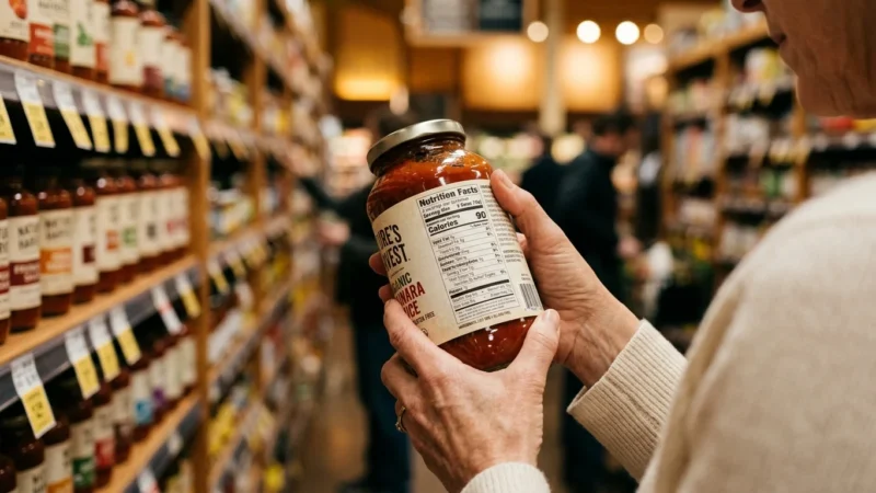 Close-up of a person holding a food jar in a grocery store aisle, reading the nutrition label on the back.