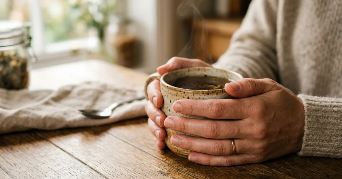 Close-up of a person's hands holding a warm ceramic mug on a wooden table, illuminated by soft morning light.