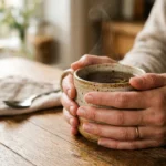 Close-up of a person's hands holding a warm ceramic mug on a wooden table, illuminated by soft morning light.