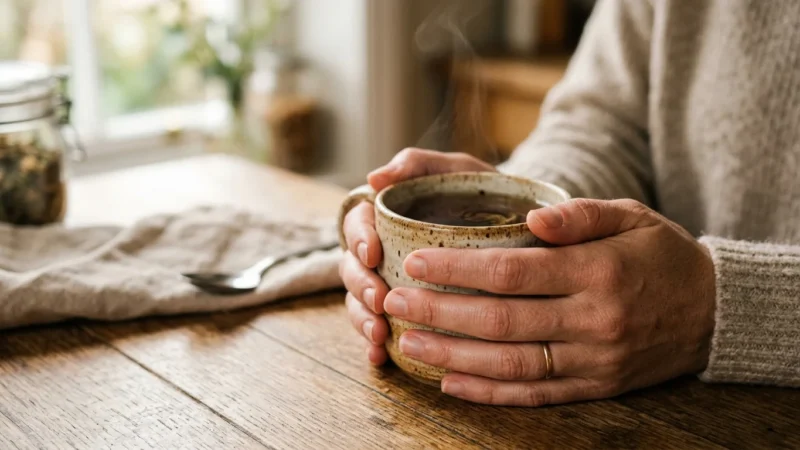 Close-up of a person's hands holding a warm ceramic mug on a wooden table, illuminated by soft morning light.
