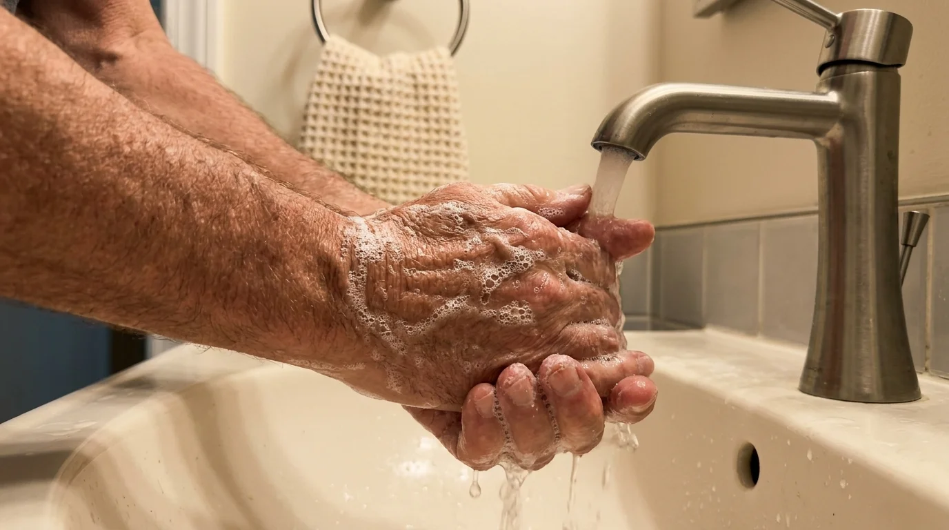 Close-up of hands being thoroughly washed with soap and water under a running faucet, highlighting infection control.