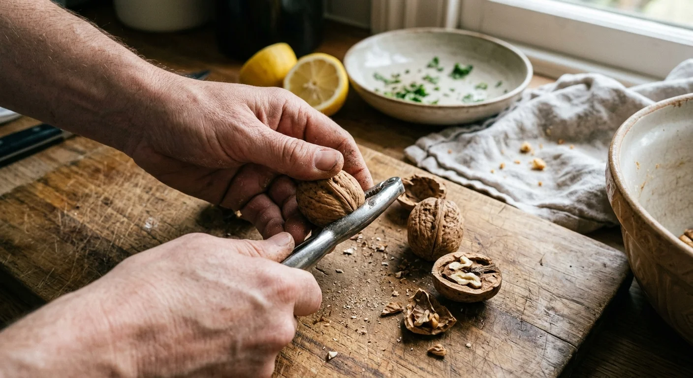 Close-up of hands cracking a walnut over a wooden cutting board with a lemon and herbs in the background.