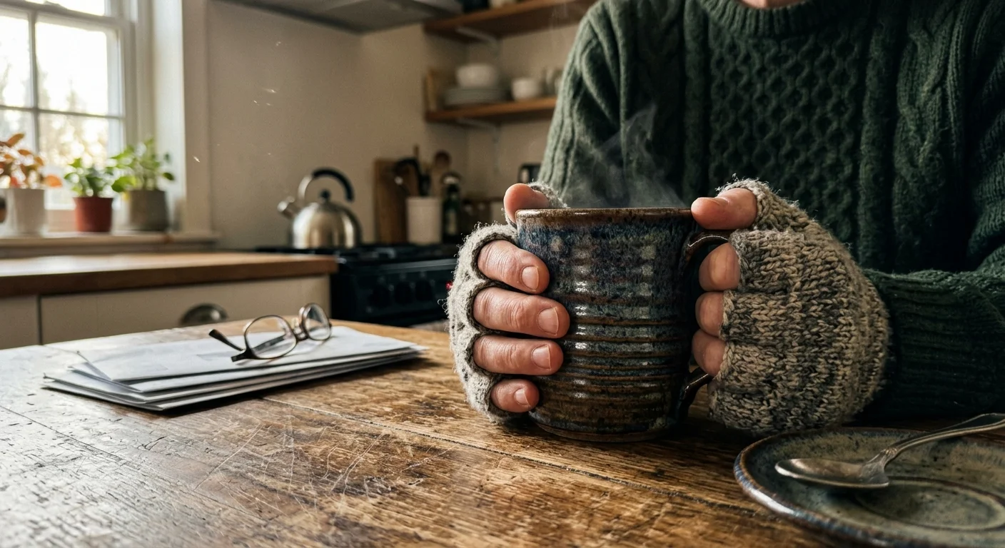 Close-up of hands in heavy wool gloves holding a hot mug of tea at a wooden table, suggesting chronically cold extremities.