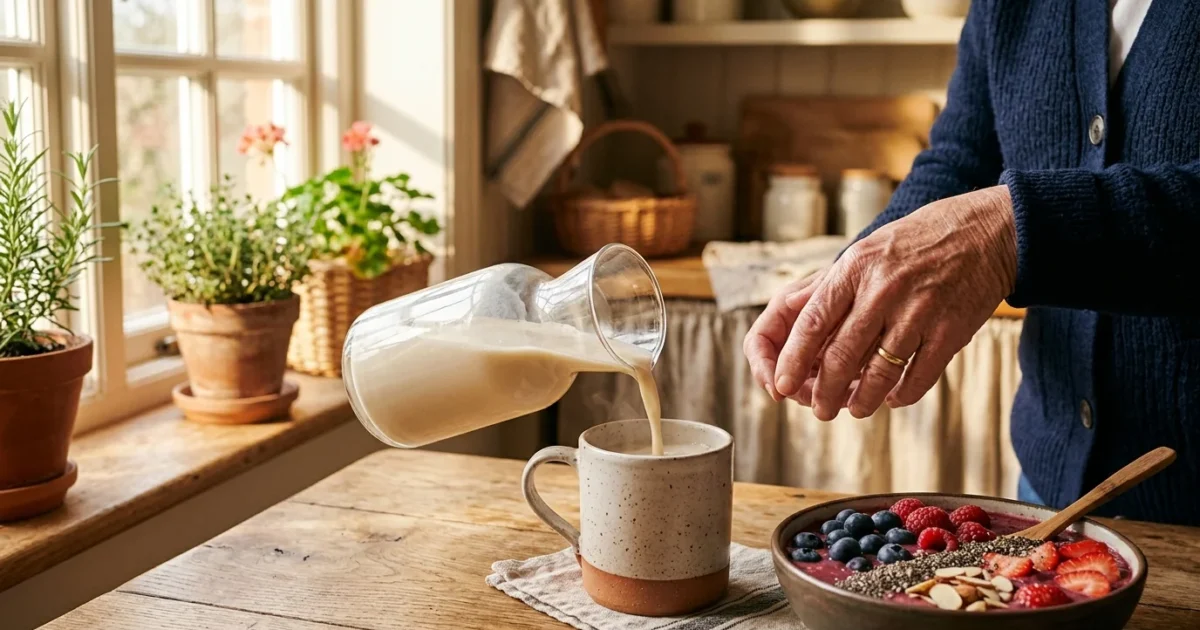 Close-up of hands pouring milk next to a berry smoothie bowl, illustrating a bone-healthy morning nutrition routine.