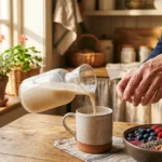 Close-up of hands pouring milk next to a berry smoothie bowl, illustrating a bone-healthy morning nutrition routine.