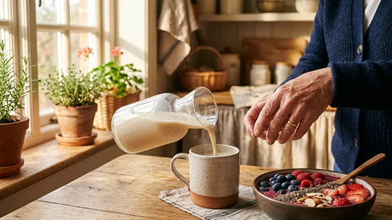 Close-up of hands pouring milk next to a berry smoothie bowl, illustrating a bone-healthy morning nutrition routine.