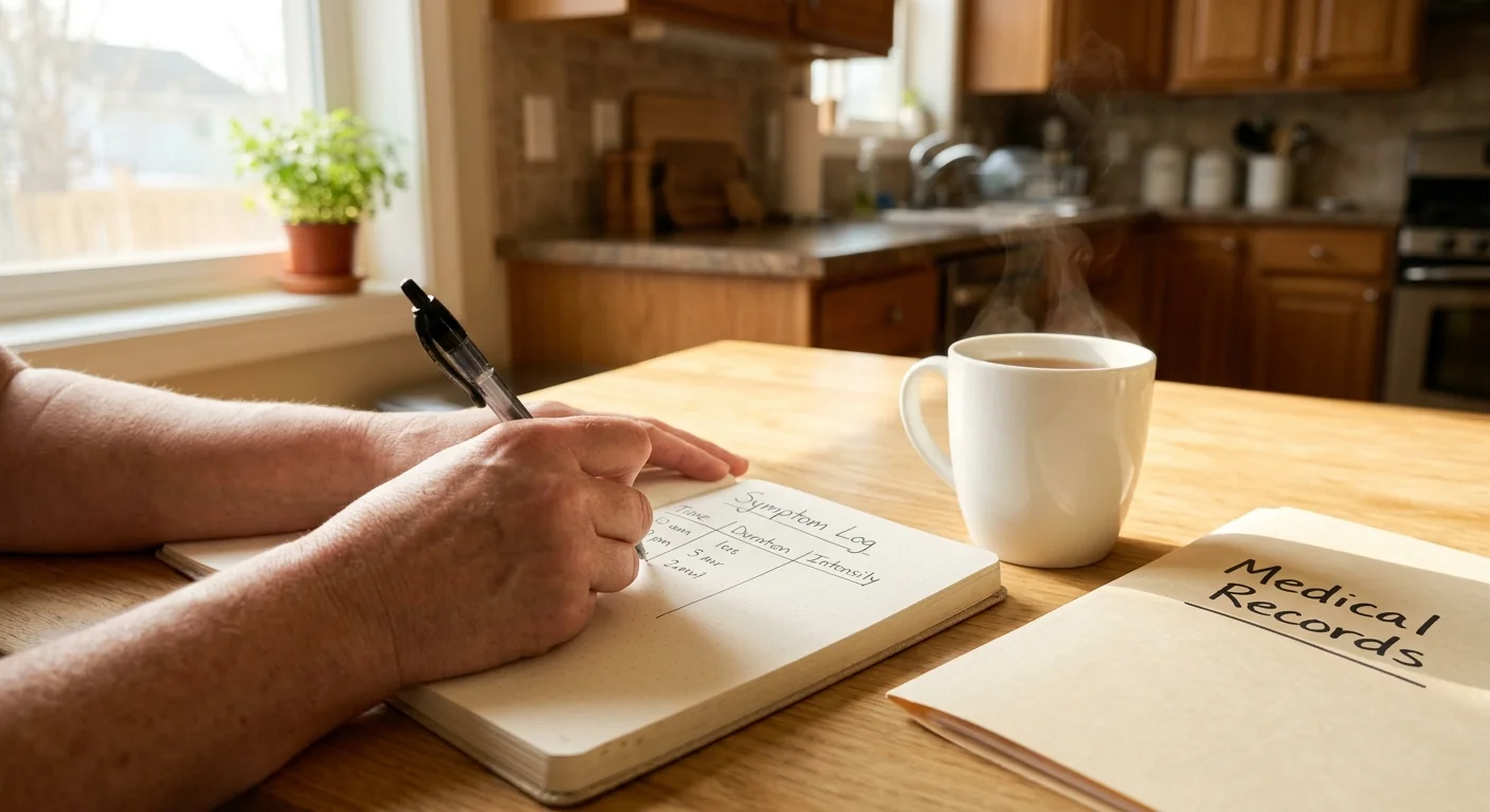 Close-up of hands writing in a paper symptom log next to a mug on a sunlit wooden kitchen table.