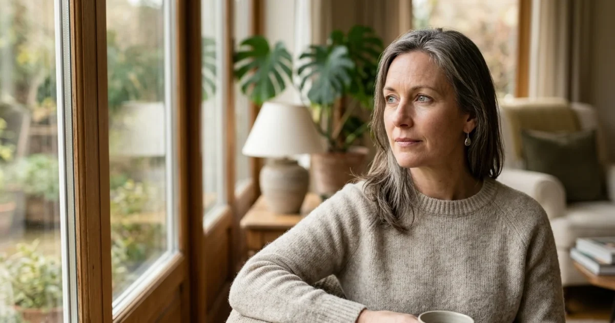 Close-up portrait of a woman looking thoughtfully toward natural window light, highlighting clear, reflective eyes.