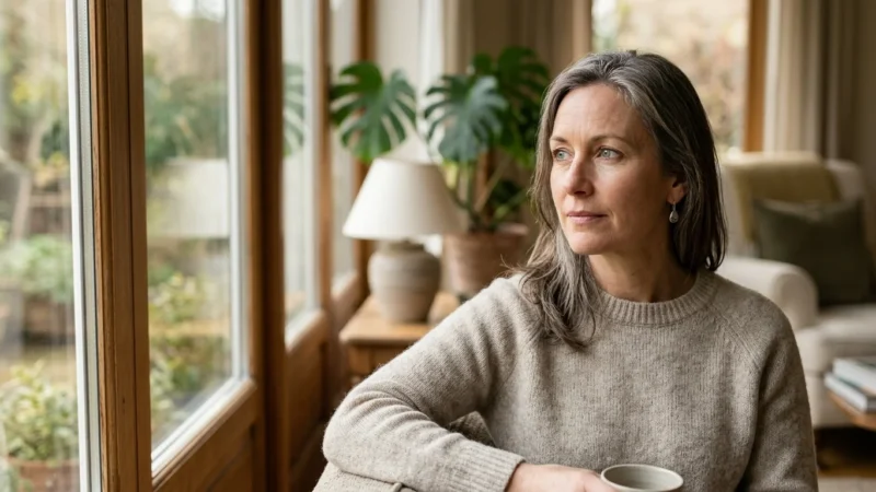 Close-up portrait of a woman looking thoughtfully toward natural window light, highlighting clear, reflective eyes.