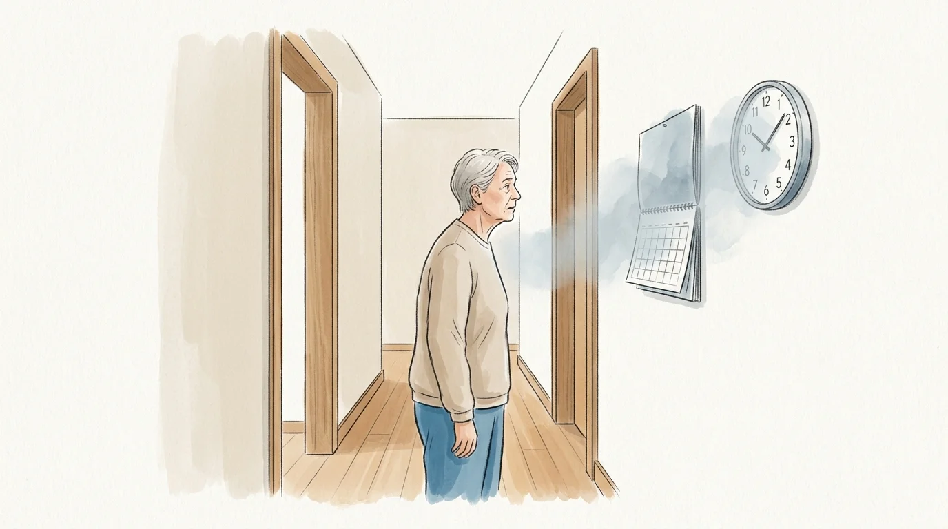 Illustration of an older woman standing in a hallway, looking confused at a calendar and clock obscured by fog.