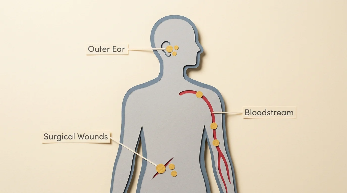 Cut-paper anatomical illustration highlighting Candida auris colonization sites: outer ear, surgical wounds, and bloodstream.