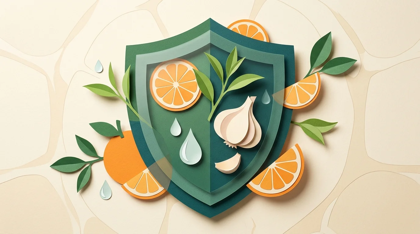 Cut-paper collage illustration of a protective shield surrounded by citrus slices, garlic, and green tea leaves.