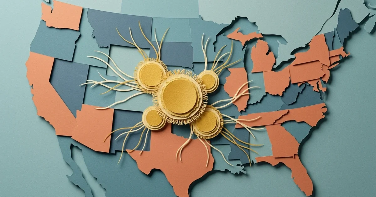 Cut-paper collage showing stylized golden yeast cells spreading across a minimalist US map with 23 highlighted states.
