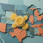 Cut-paper collage showing stylized golden yeast cells spreading across a minimalist US map with 23 highlighted states.