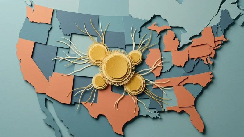 Cut-paper collage showing stylized golden yeast cells spreading across a minimalist US map with 23 highlighted states.