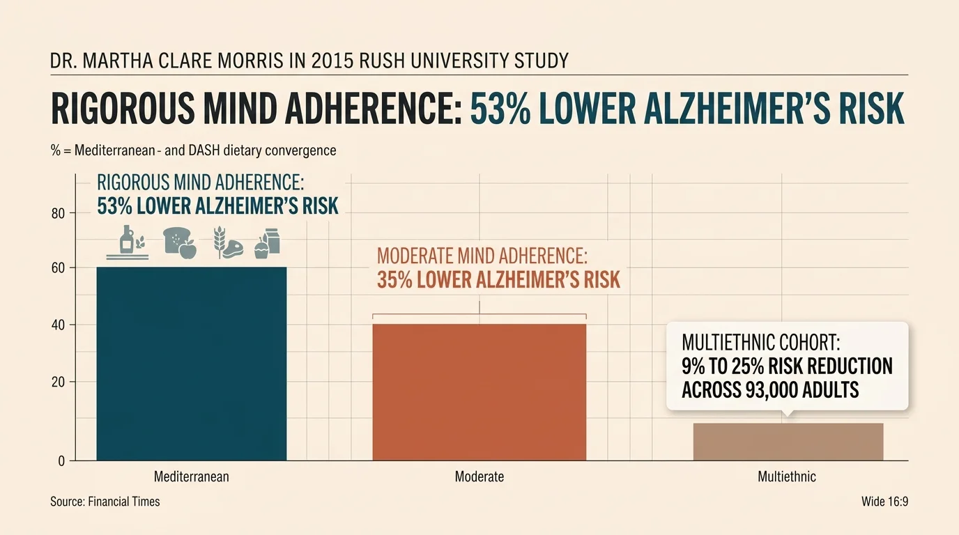 Bar chart comparing rigorous at 53 percent and moderate at 35 percent MIND diet adherence for lower Alzheimer's risk.