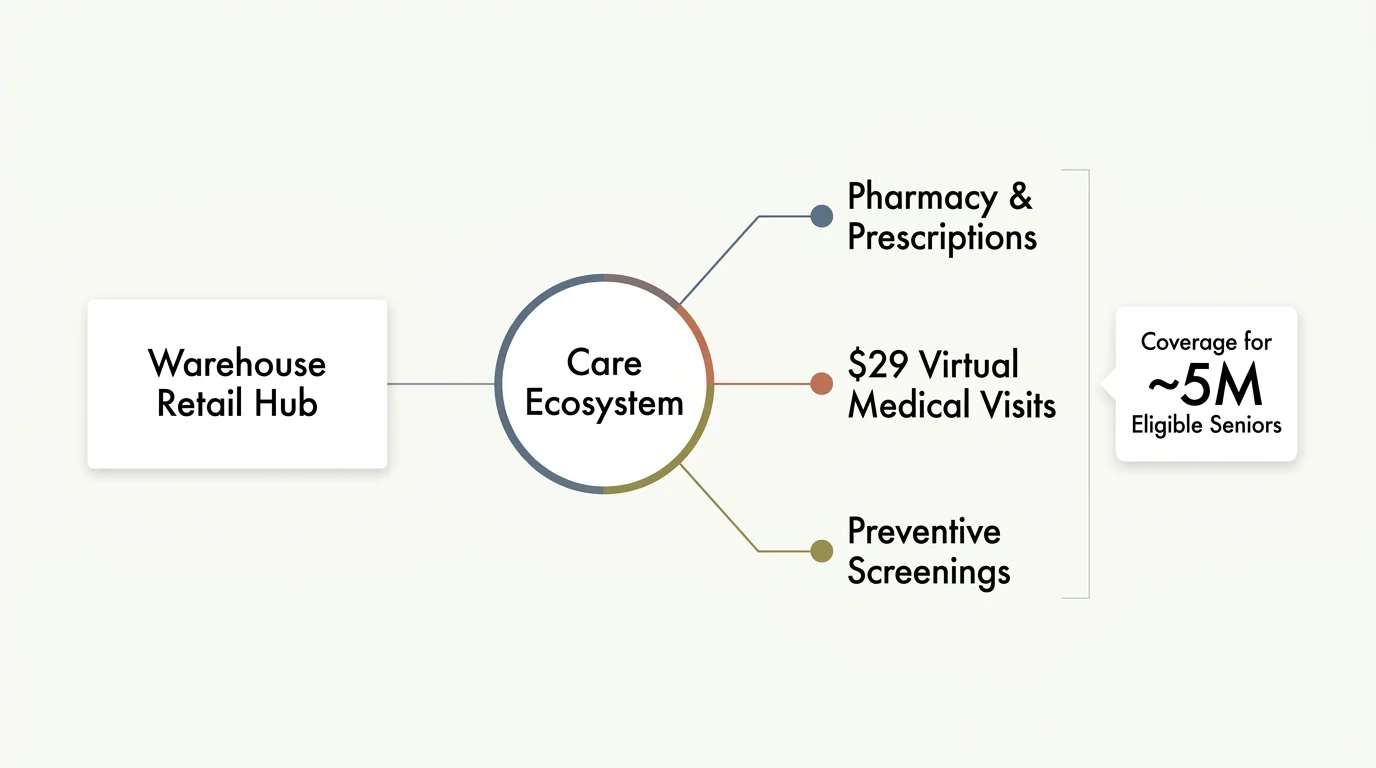 Diagram connecting a warehouse retail hub to a care ecosystem with pharmacy, virtual visits, screenings, and 5M seniors.