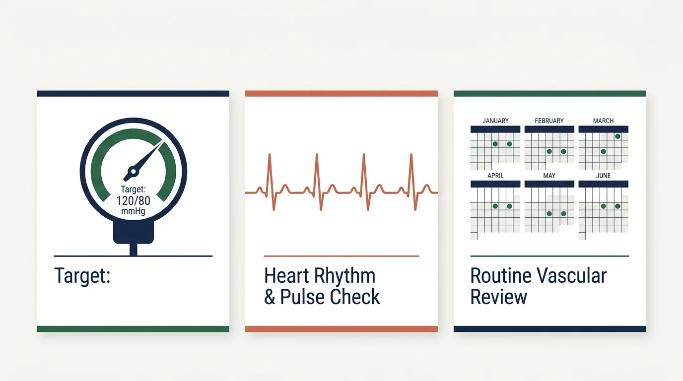 Three panels illustrating a blood pressure gauge, an ECG heartbeat line, and a multi-month calendar for routine reviews.
