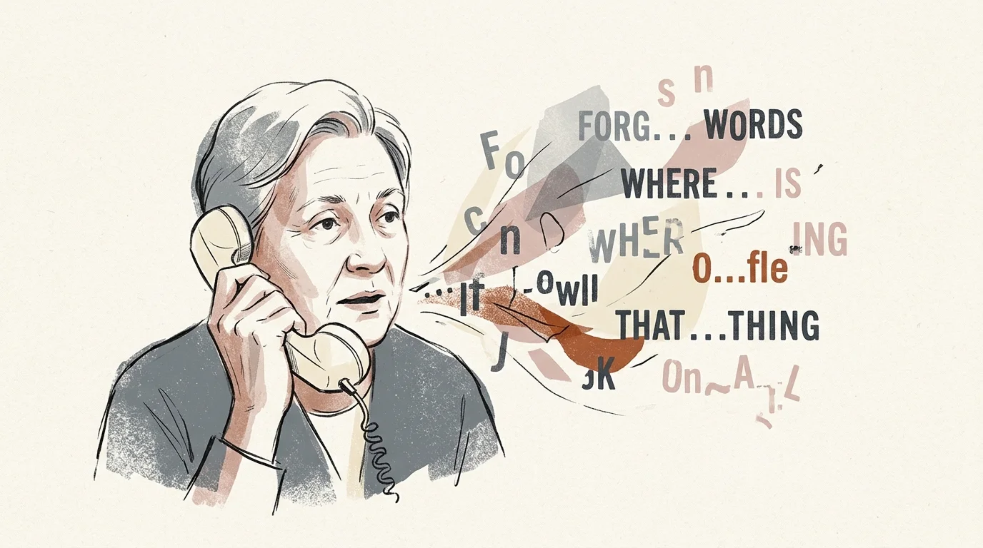 An older woman speaks into a telephone handset as scrambled, fragmented words and letters come out of her mouth.
