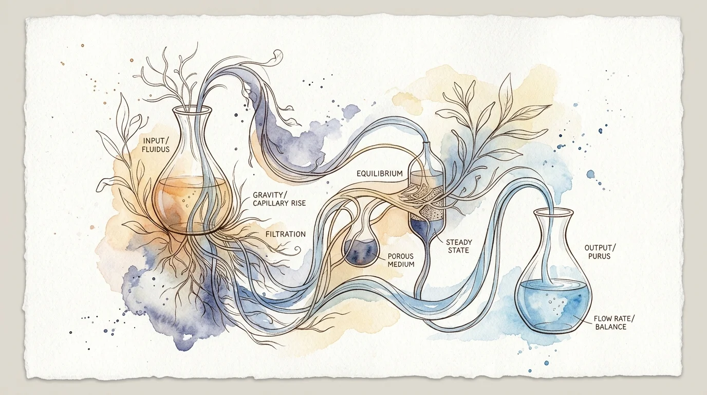 Watercolor illustration of botanical roots and scientific flasks connected by flowing fluid streams with filtration labels.