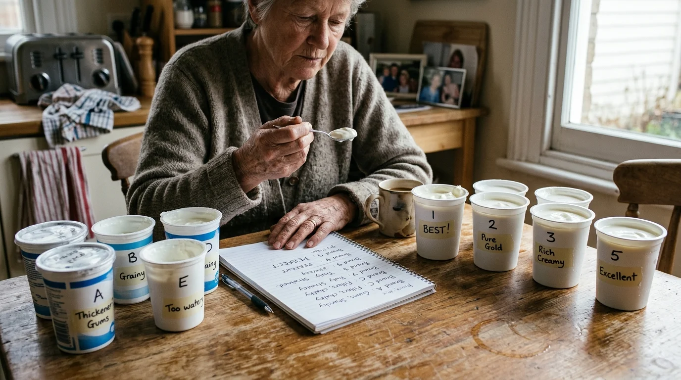 A woman tastes samples of Greek yogurt from labeled cups at a wooden table while taking notes in a notebook.