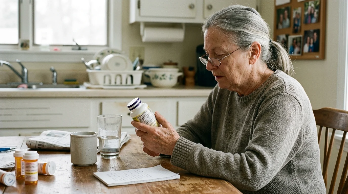An older woman wearing glasses sits at a kitchen table and reads the label on a supplement bottle.