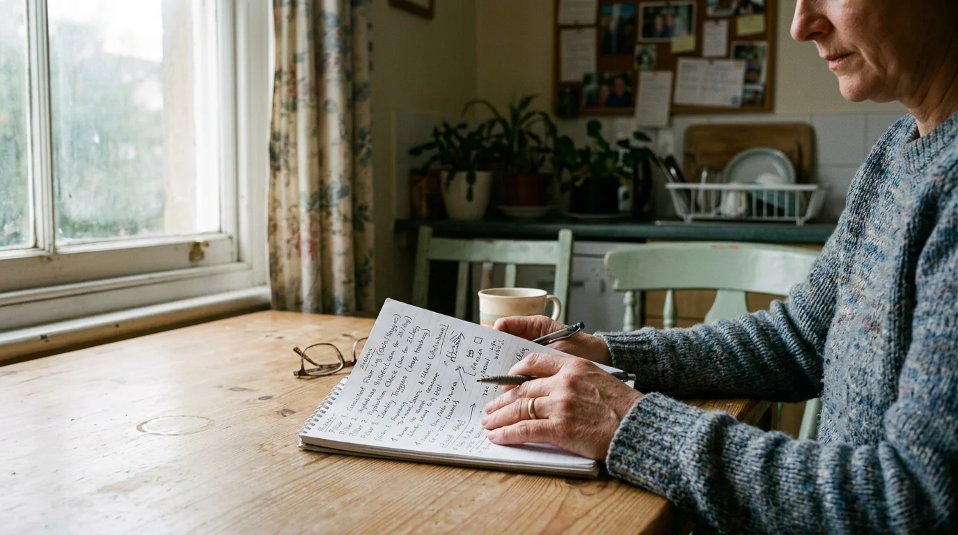 Person in a blue sweater sitting at a wooden kitchen table writing in a spiral notebook near a window.