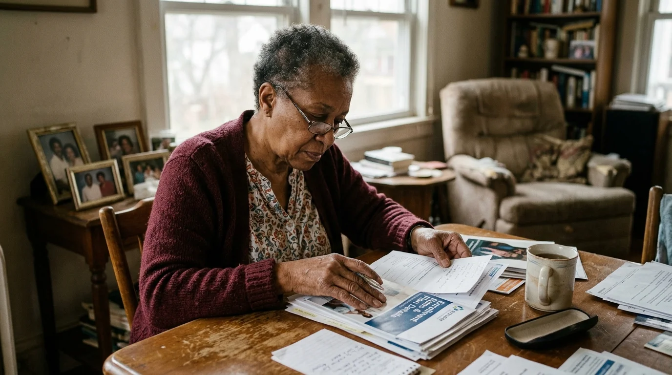 A senior woman wearing glasses sits at a wooden table reviewing printed enrollment documents and papers.