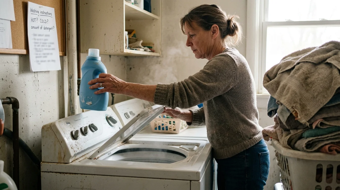 A woman opening a top-loading washing machine while holding a bottle of liquid detergent near a laundry basket of towels.