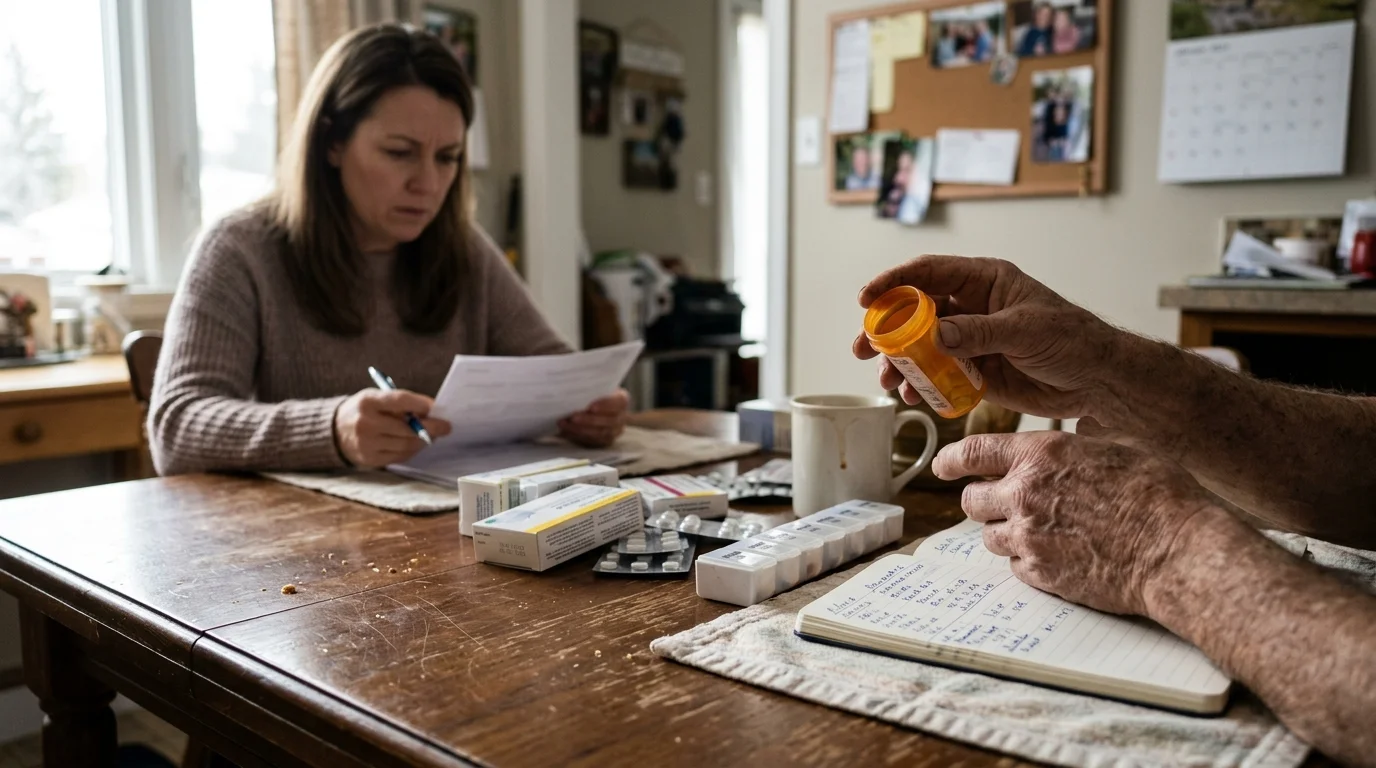 A woman reviews paperwork at a wooden table beside pill bottles, blister packs, and a daily medication organizer.