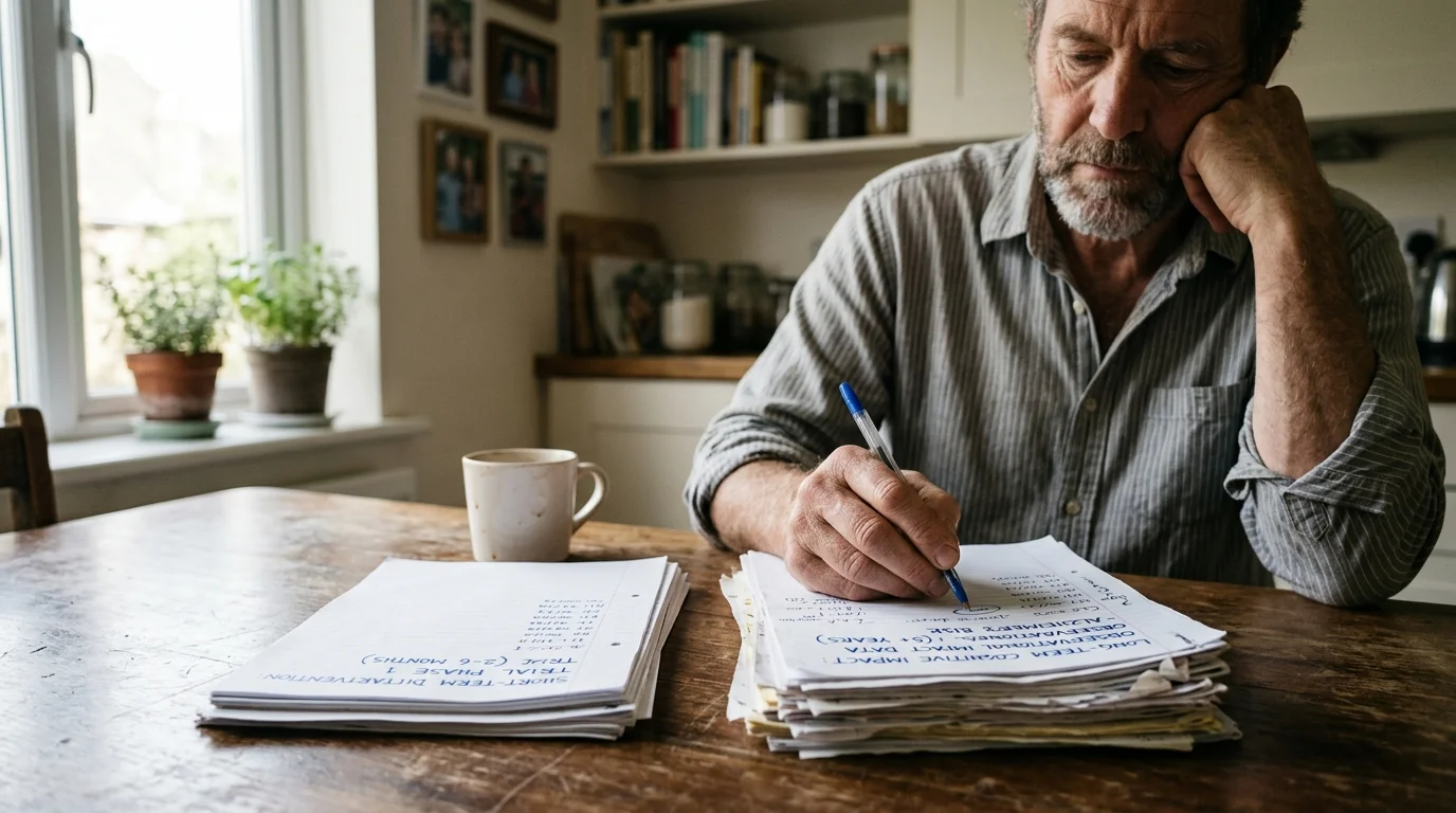 Older man resting his head on his hand while writing on papers at a wooden table beside a coffee mug.