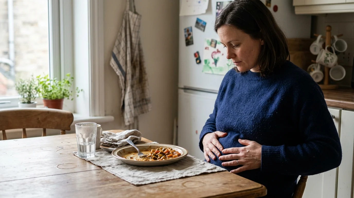 Woman in a blue sweater sitting at a wooden table with a bowl of food, resting both hands on her stomach.