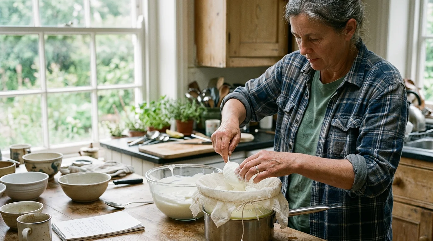A woman in a plaid shirt strains yogurt through cheesecloth into a pot in a rustic kitchen.