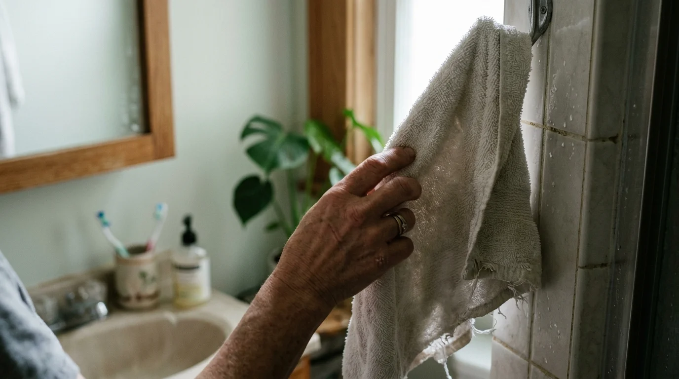 A person's hand reaching for a white towel hanging on a wall hook in a bathroom next to a sink.