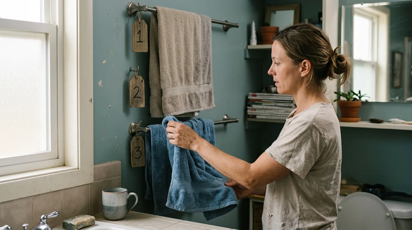 A woman in a bathroom hangs a blue bath towel onto a towel bar mounted beside numbered wooden tags.
