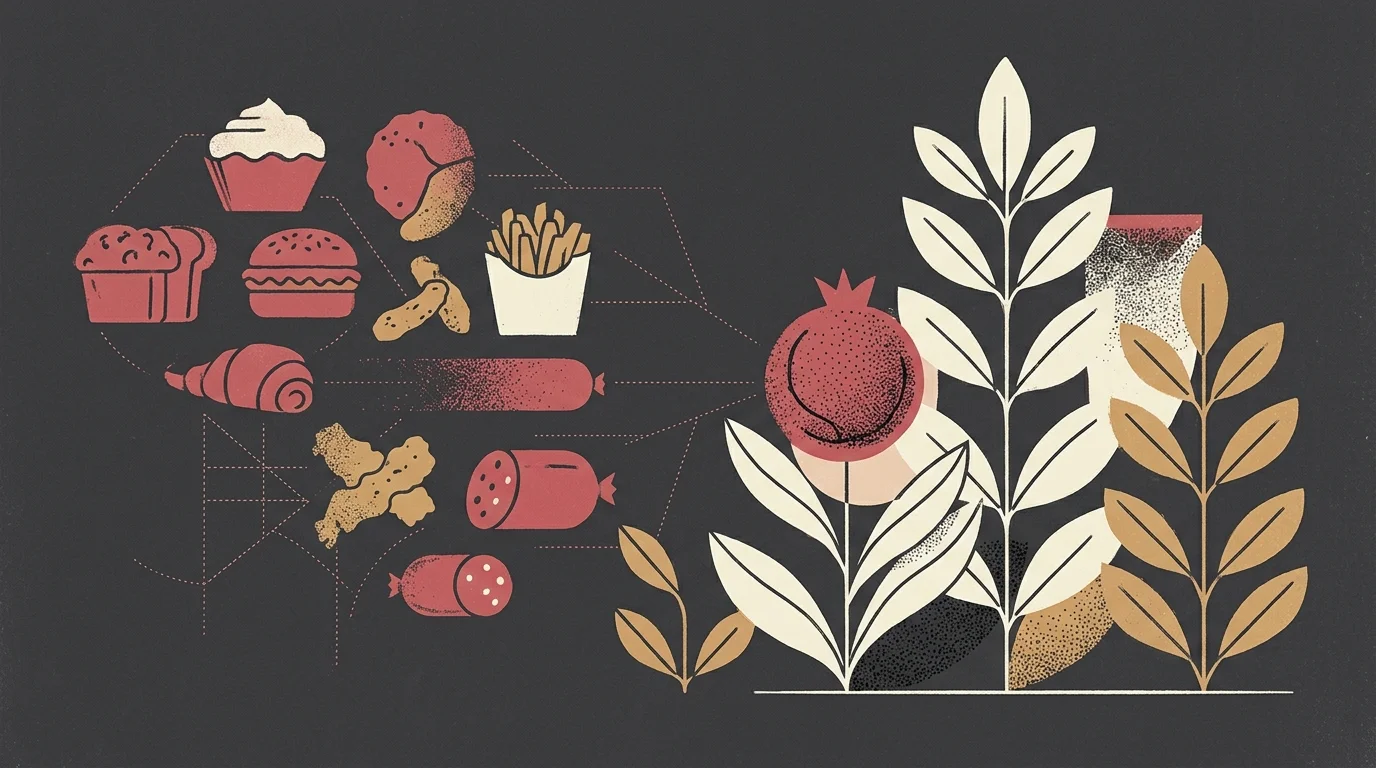 Illustration contrasting fast food, pastries, and processed meats on the left with stylized leafy plants and a pomegranate.