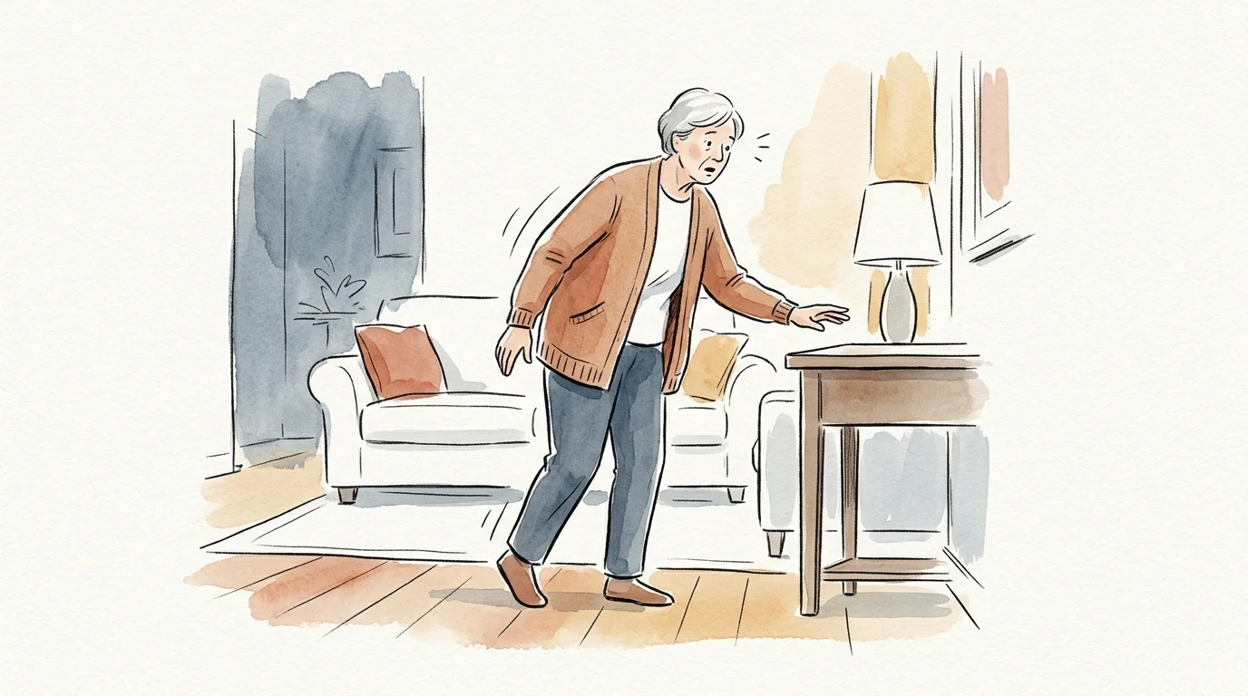 Watercolor illustration of an older woman losing her balance in a living room and reaching toward a table for support.